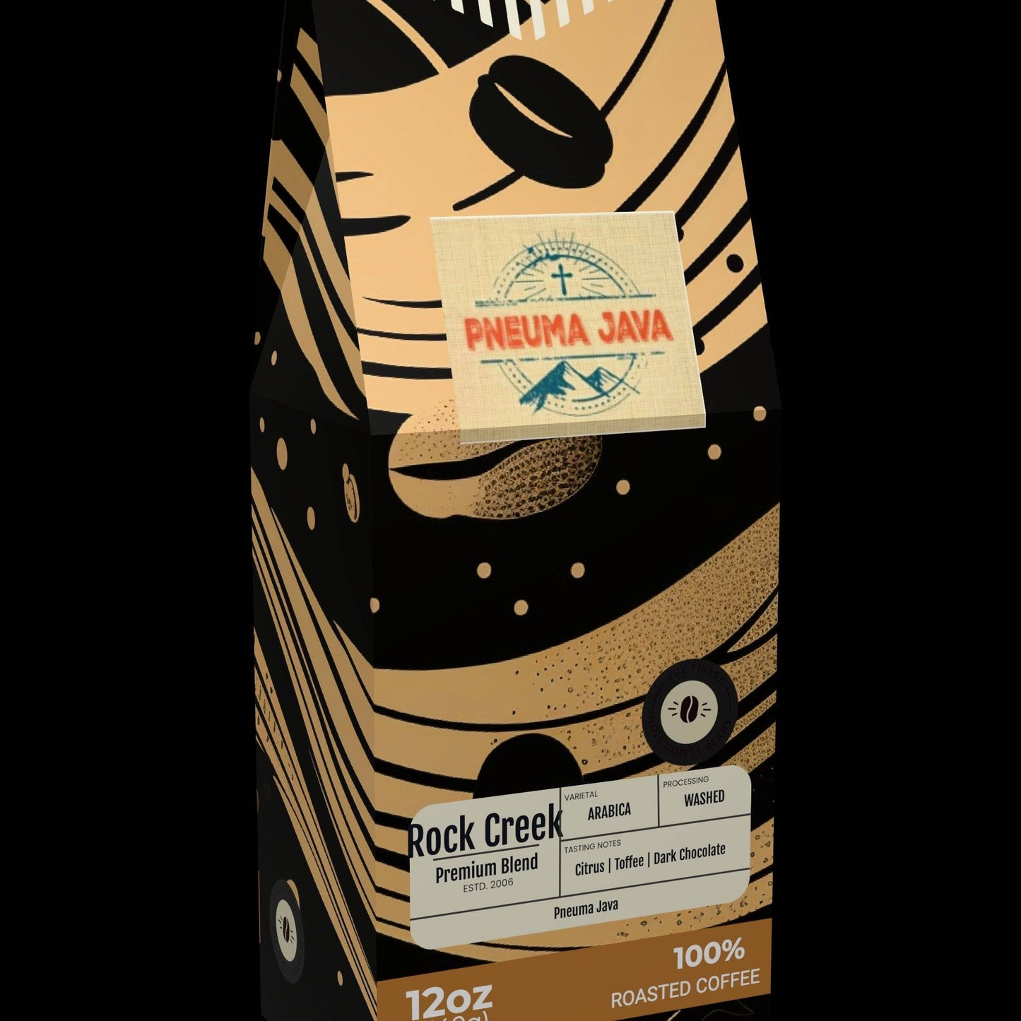 Rock Creek premium blend coffee beans by Pneuma Java in 12oz bag with citrus, toffee, and dark chocolate notes. 100% roasted Arabica coffee.