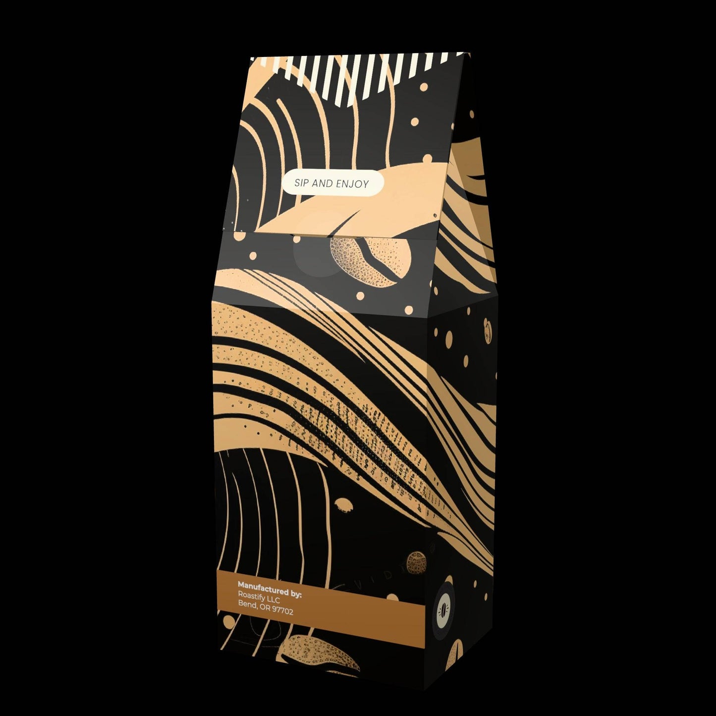 High Lakes premium blend roasted coffee in 12oz bag with abstract black and tan design, featuring fruity and citrus flavor notes.