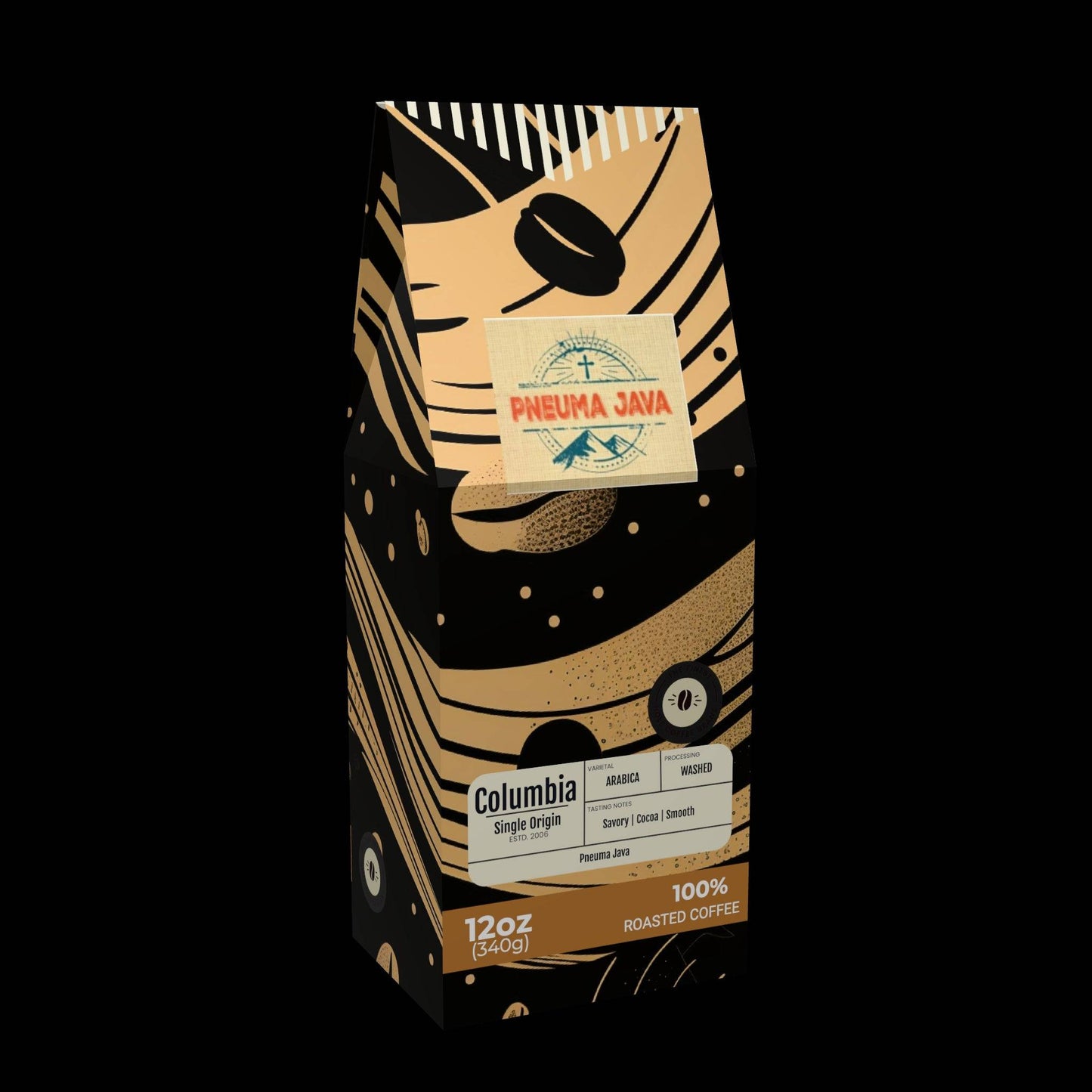 Columbia single origin coffee beans by Pneuma Java in 12oz bag with bold abstract design, 100% Arabica, smooth and mellow roast.