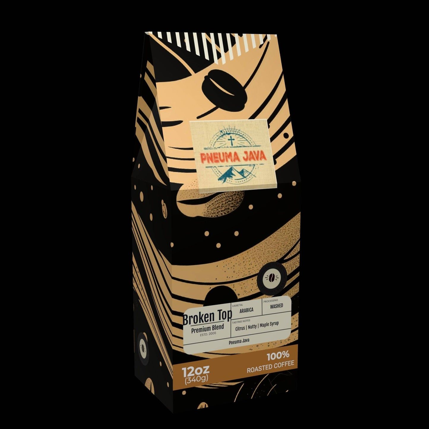 Broken Top premium blend roasted coffee 12oz bag by Pneuma Java, featuring bold packaging with tasting notes of citrus, nutty, and maple syrup.