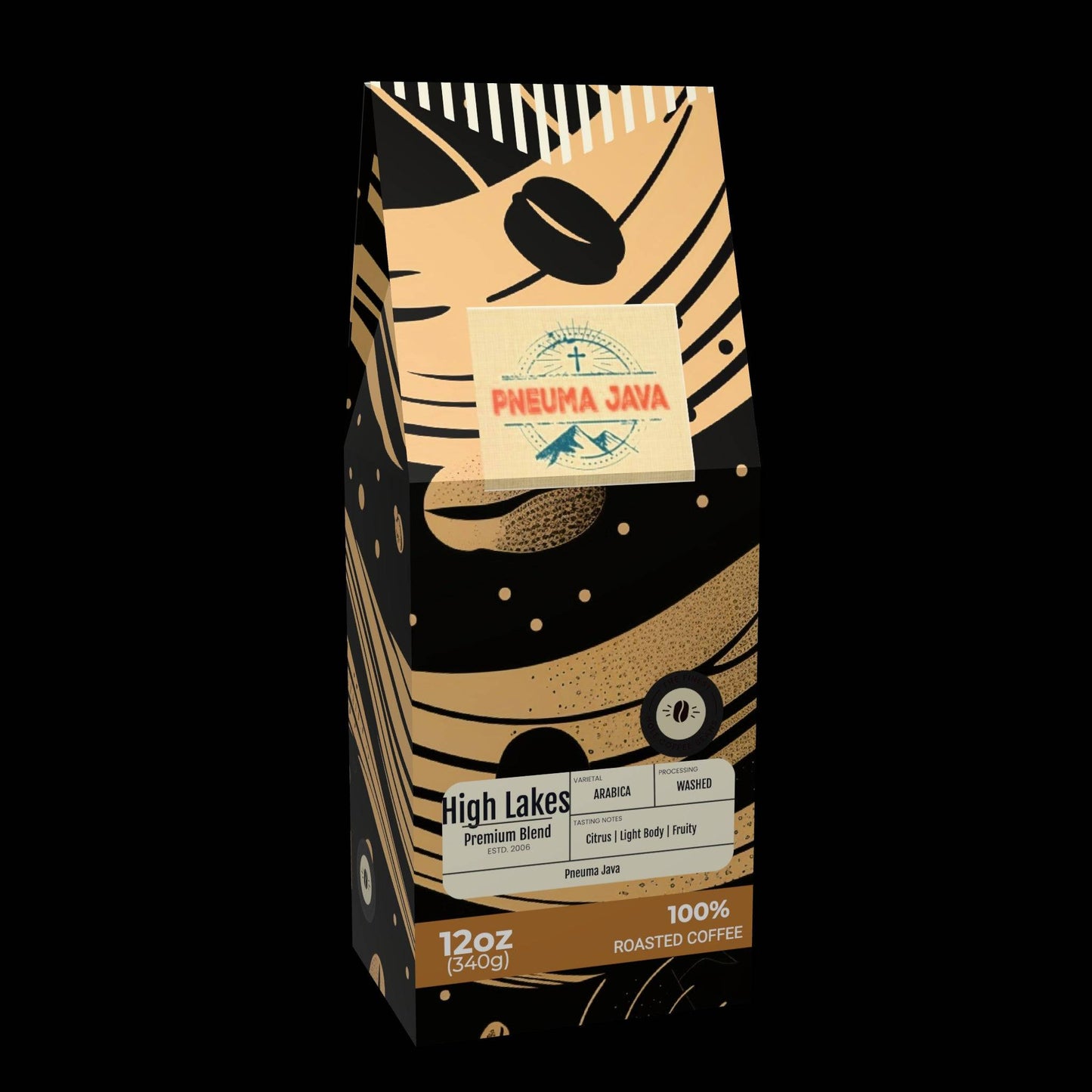 High Lakes premium blend roasted coffee in 12oz bag with abstract black and tan design, featuring fruity and citrus flavor notes.
