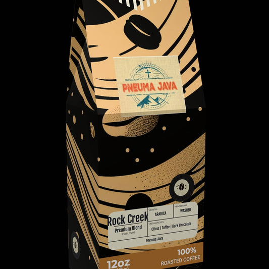 Rock Creek premium blend coffee beans by Pneuma Java in 12oz bag with citrus, toffee, and dark chocolate notes. 100% roasted Arabica coffee.
