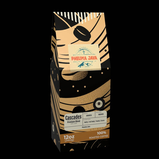 Cascades dark roast coffee 12oz bag by Pneuma Java, featuring bold packaging design for premium Arabica whole beans with nutty and cocoa notes.