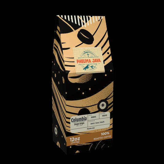 Columbia single origin coffee beans by Pneuma Java in 12oz bag with bold abstract design, 100% Arabica, smooth and mellow roast.