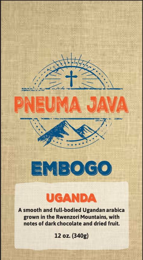 Pneuma Java - Embogo medium roast ground coffee from Uganda, featuring notes of dark chocolate and dried fruit.