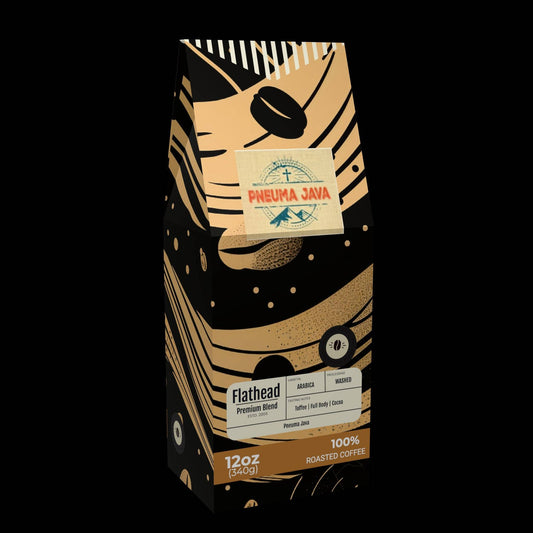 Flathead Premium Blend roasted coffee beans by Pneuma Java in 12oz bag, featuring bold design and 100% Arabica beans from Mexico.