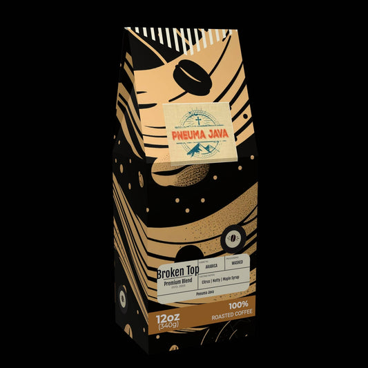 Broken Top premium blend roasted coffee 12oz bag by Pneuma Java, featuring bold packaging with tasting notes of citrus, nutty, and maple syrup.