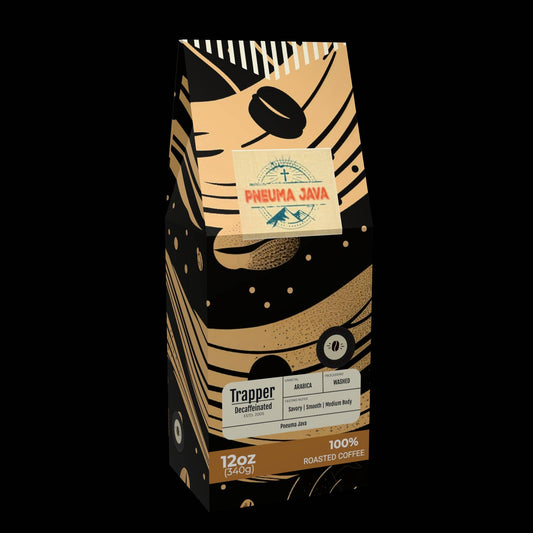 Trapper Decaf coffee beans 12oz bag by Pneuma Java with rich flavor blend, smooth medium body, and top decaf coffee flavors.
